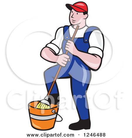 450x470 Clipart Of A Retro Male Janitor With A Mop In A Green Shield