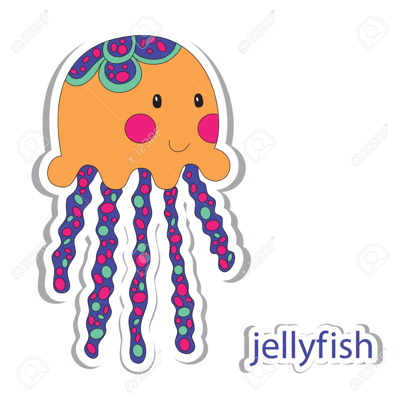 1300x1300 Cartoon Jellyfish Isolated On White. Coloring Book. Vector