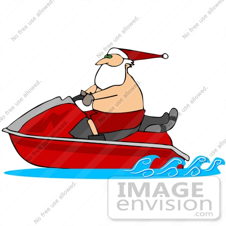 450x450 Clip Art Graphic Of Santa Shirtless, Riding A Red Jet Ski