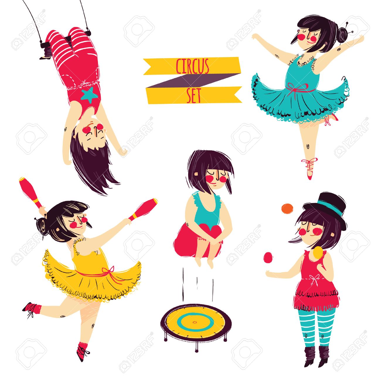 1300x1300 Cute Circus Set. Girl Acrobat Juggler Vector Royalty Free Cliparts