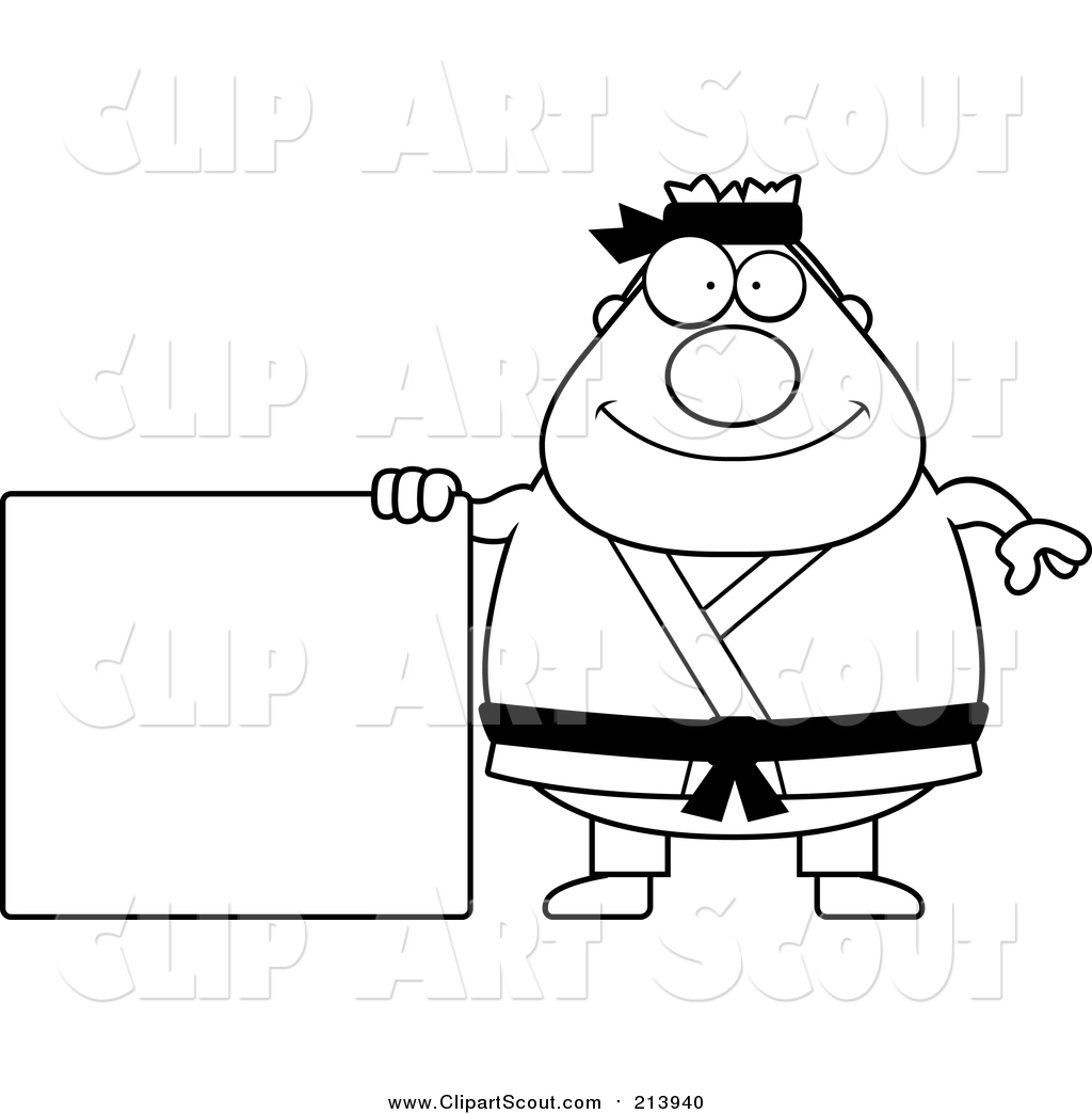 1024x1044 Clipart Of A Lineart Chubby Black Belt Karate Man With A Sign By