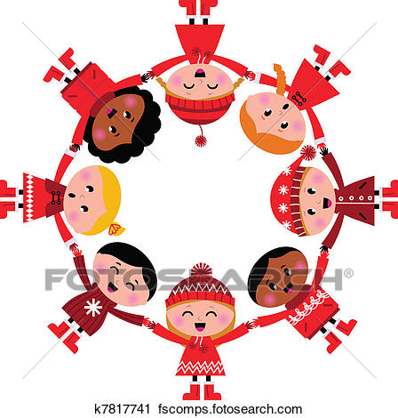 448x470 Clipart Of Happy Smiling Winter Kids In Circle. Vector Cartoon