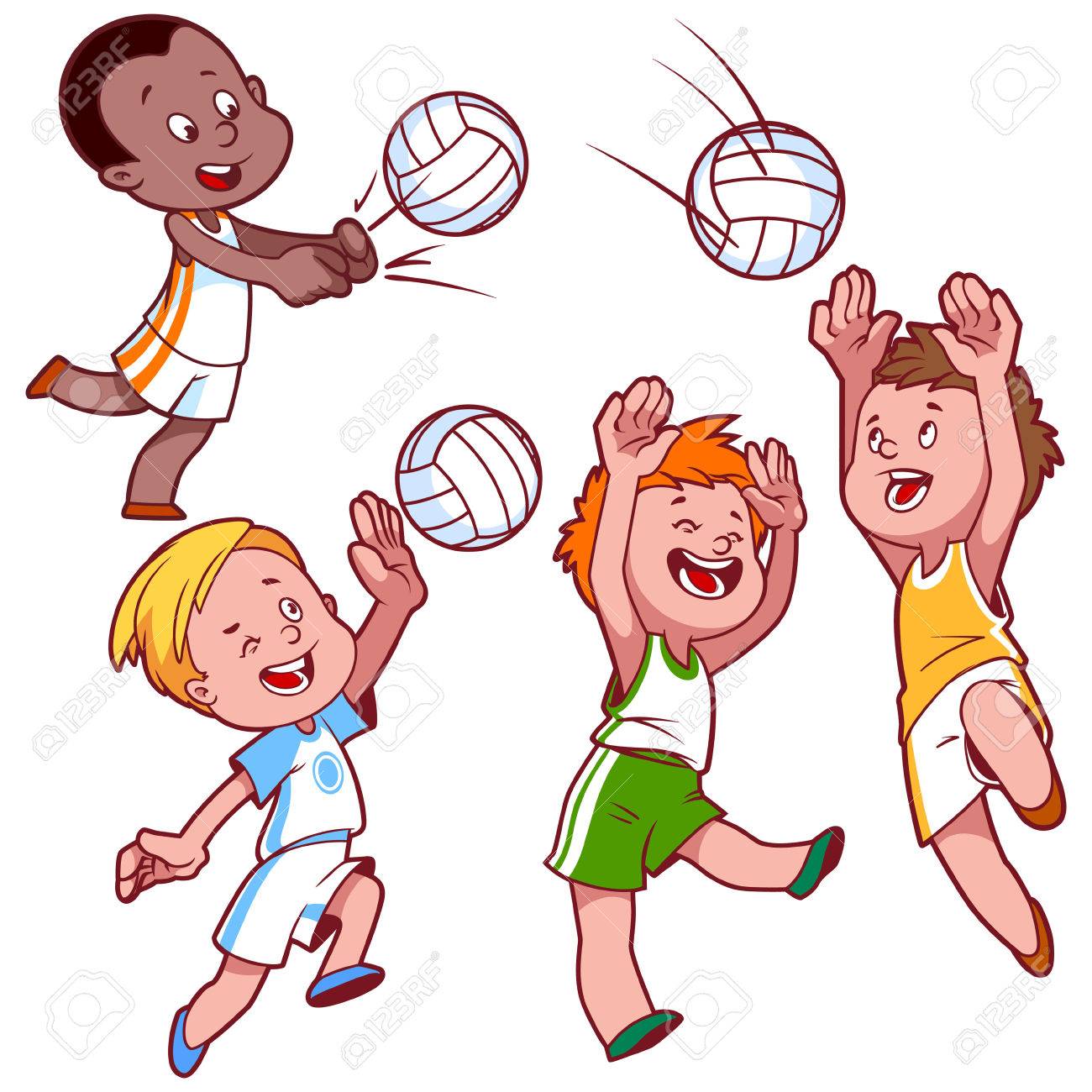 1300x1300 Cartoon Kids Playing Volleyball. Vector Clip Art Illustration