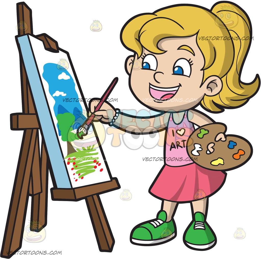 1024x1015 A Girl Painting A Landscape Cartoon Clipart