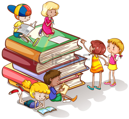 450x415 Children Reading Books Over The Rainbow Illustration Royalty Free
