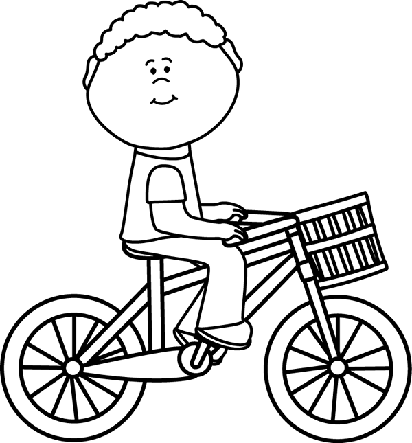 600x645 Black Amp White Boy Riding A Bicycle With A Basket Clip Art