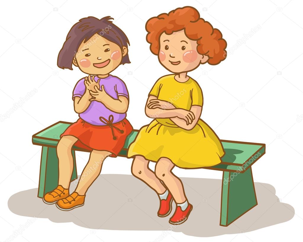 Девочки болтают на скамейке рисунок