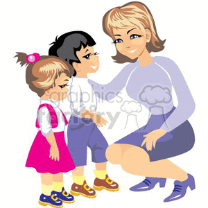 300x300 Royalty Free A Teacher Leaning Down To Talk To The Two Small