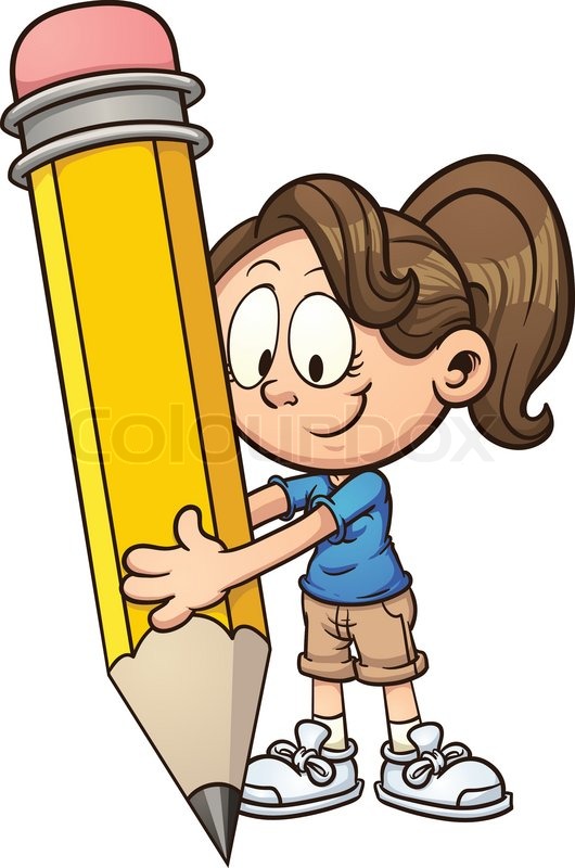 530x800 Girl Writing A Big Pencil. Vector Clip Art Illustration