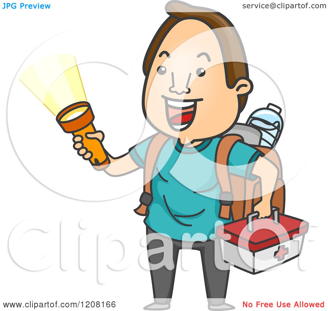 1080x1024 Cartoon Of A Happy Man With An Emergency Kit And Flashlight