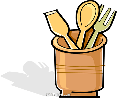480x402 Wooden Utensils In A Crock Pot Royalty Free Vector Clip Art