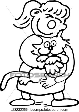 332x470 Clip Art Of , Cartoons, Cat, Child, Feline, Female, Friends, Girl