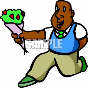 300x300 Art Image A Kneeling Man Holding Out A Bouquet Of Flowers