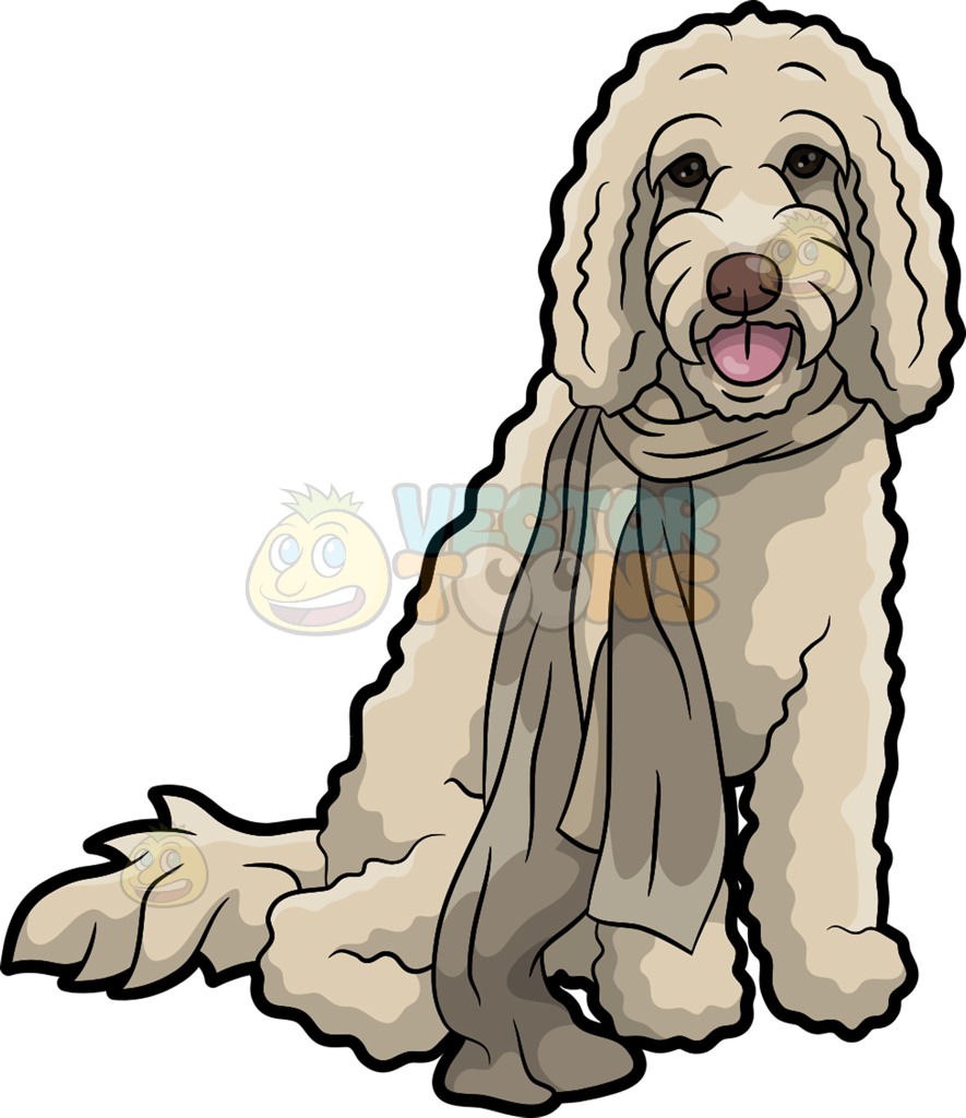 885x1024 A Curly Dog Wearing A Scarf Cartoon Clipart