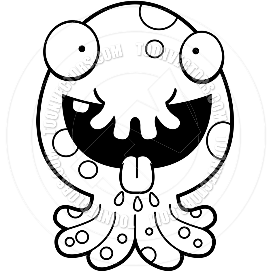940x940 Cartoon Alien Octopus Monster Hungry (Black And White Line Art) By