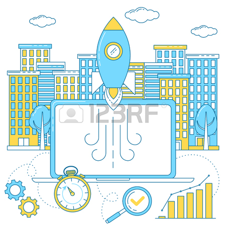 450x450 Launching Startup From Laptop On City Landscape. Business