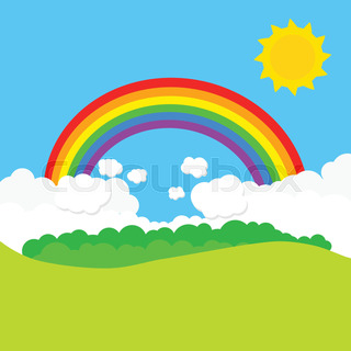 320x320 Cartoon Landscape With Rainbow Vector Illustration Stock Vector