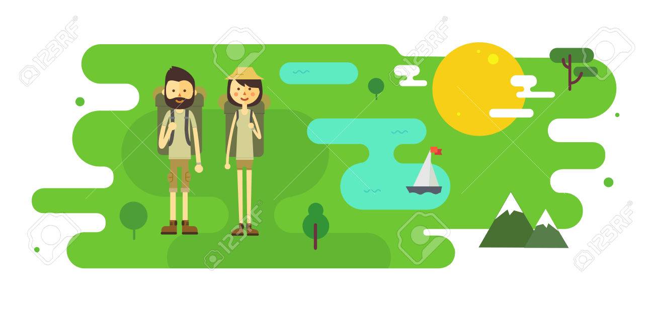 1300x623 Flat Cartoon Couple With Hiking Equipment In A Landscape