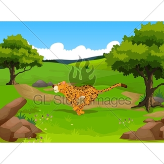 325x325 Funny Cheetah Cartoon In The Jungle With Landscape Backgr Gl