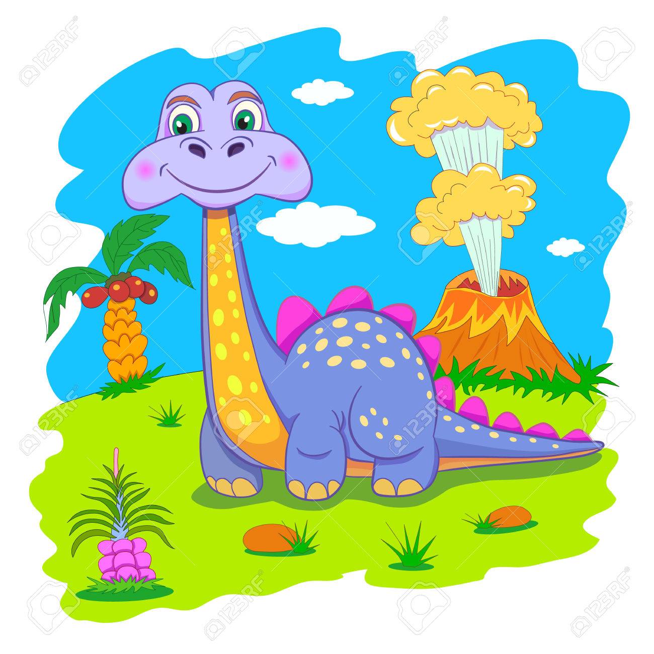 1300x1300 Funny Dinosaur In A Prehistoric Landscape. Cartoon And Vector