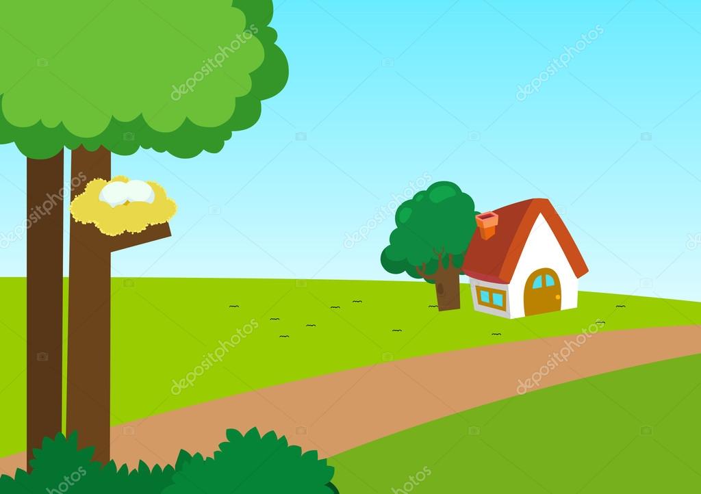 1024x722 Beautiful Cartoon Landscape With Tree And Flower Stock Vector