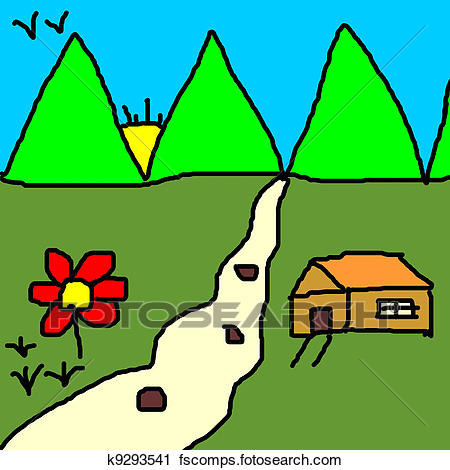 450x470 Clipart Of Colourful Landscape Drawing K9293541