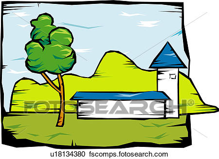 450x328 Clipart Of Scenery, Landscape, Sky, Building, View, Scene, House