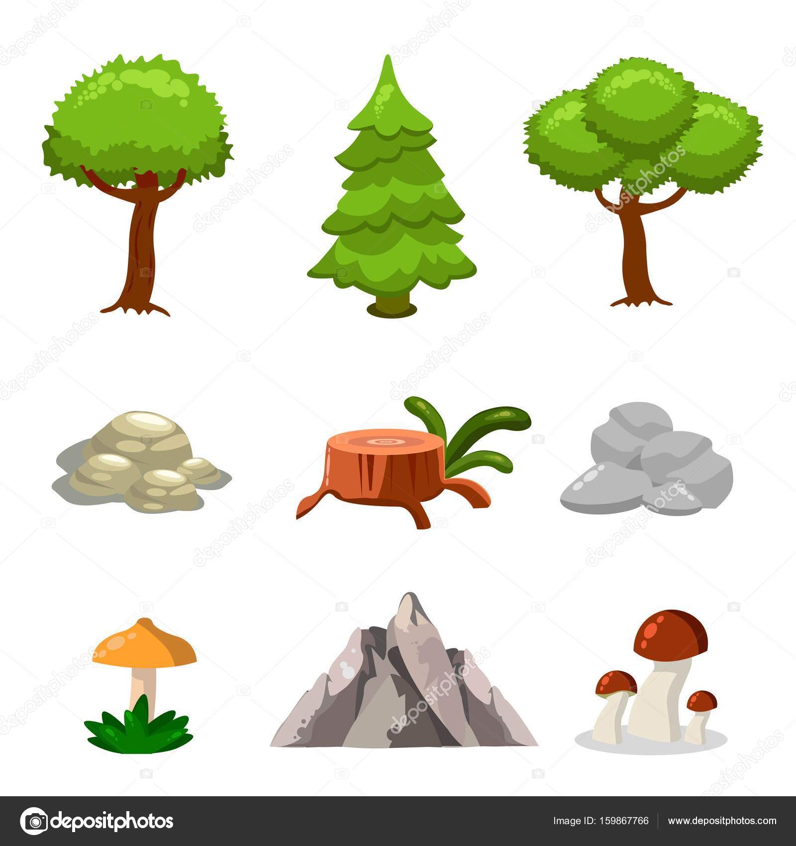 1600x1700 Cartoon Nature Landscape Elements Set, Trees, Stones And Grass