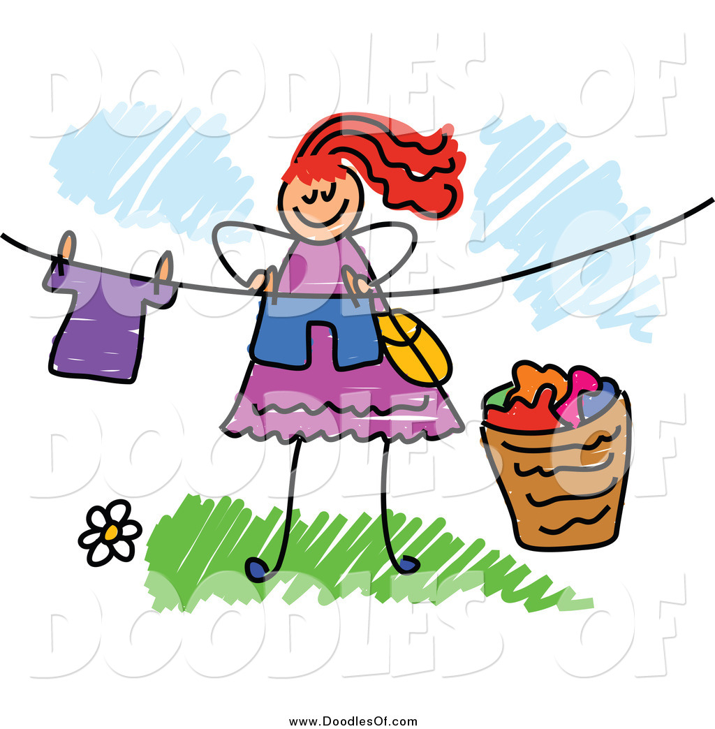 1024x1044 Vector Clipart Of Red Haired Doodled Woman Hanging Laundry On