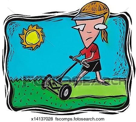 450x405 Stock Illustration Of Woman Mowing Lawn X14137028