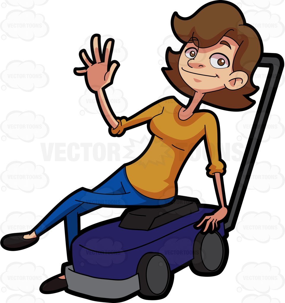 961x1024 A Woman Sitting On A Lawn Mower Cartoon Clipart