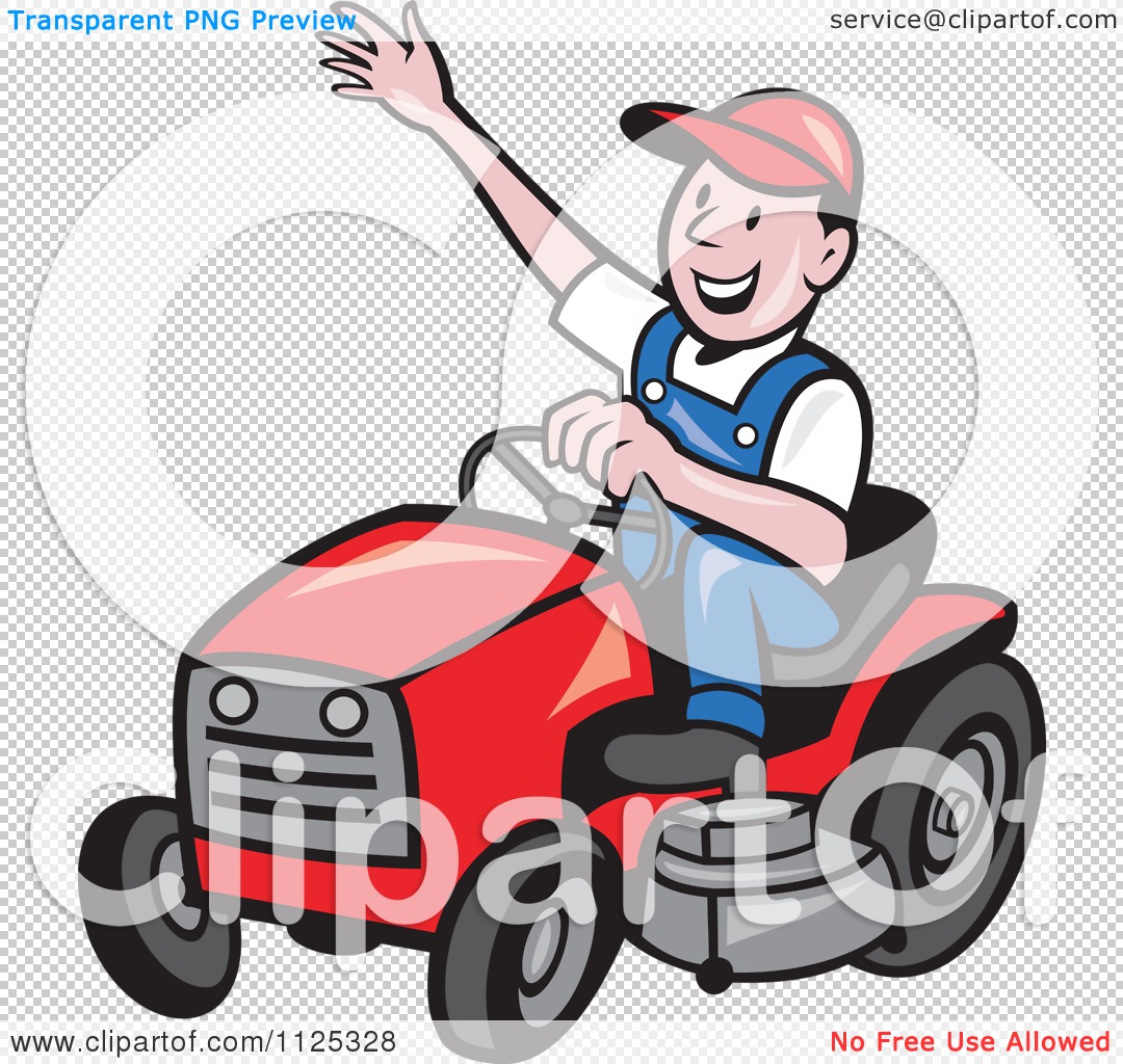 1080x1024 Cartoon Of A Happy Landscaper Waving And Operating A Lawn Mower