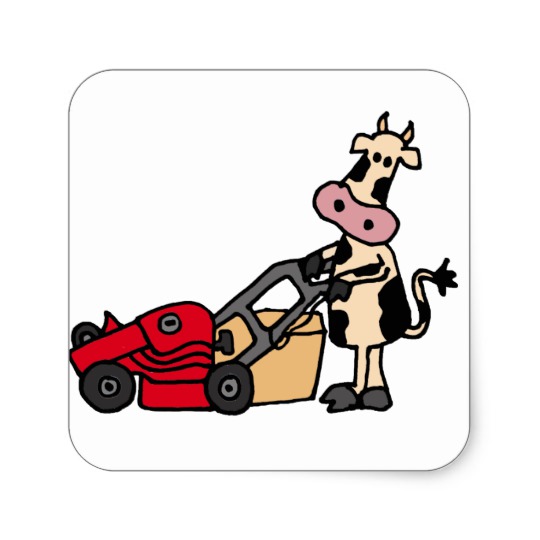 540x540 Funny Cow Pushing Red Lawn Mower Cartoon Square Sticker