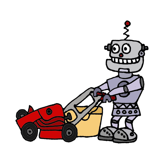 630x630 Funny Funky Robot Pushing Red Lawn Mower