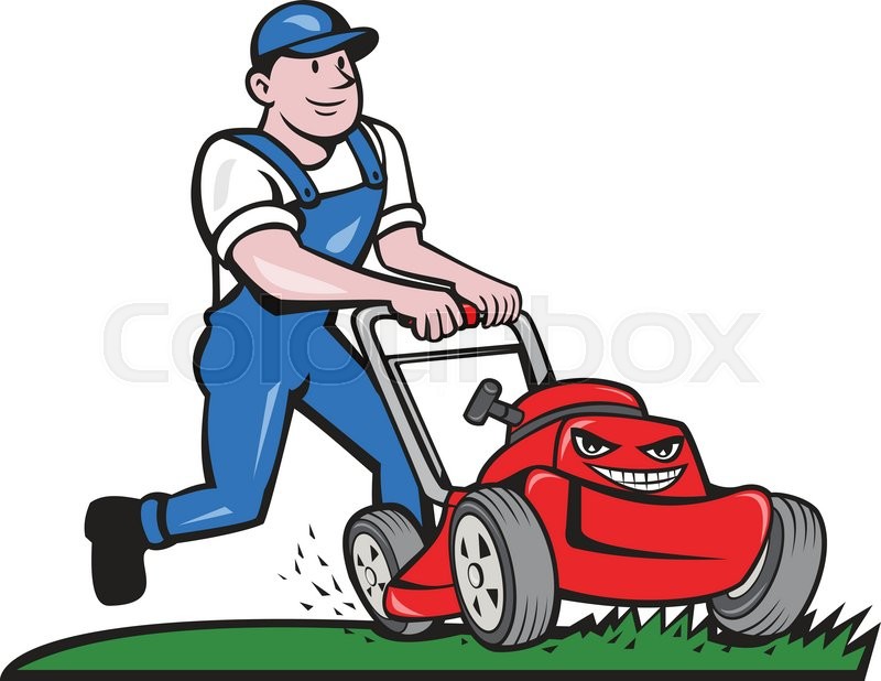 800x618 Illustration Of A Gardener Wearing Hat And Overalls With Lawnmower