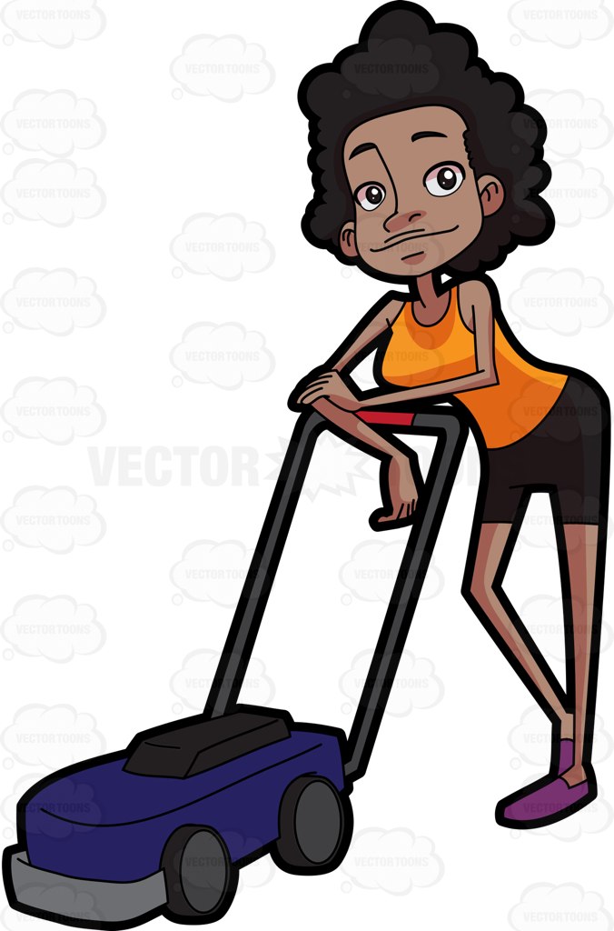 676x1024 A Black Woman And Her Lawn Mower Cartoon Clipart