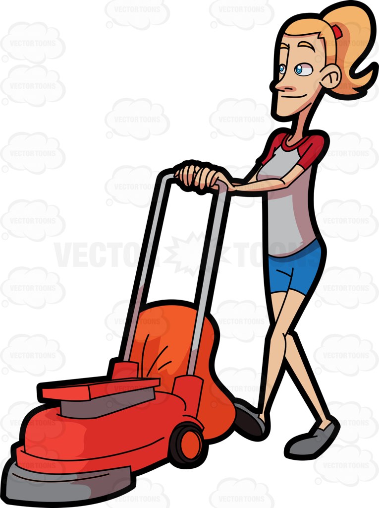 765x1024 A Woman Pushing Her Lawn Mower Cartoon Clipart
