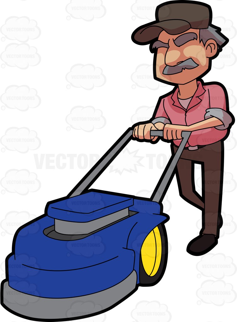 753x1024 An Old Man Holding On To A Lawnmower Cartoon Clipart