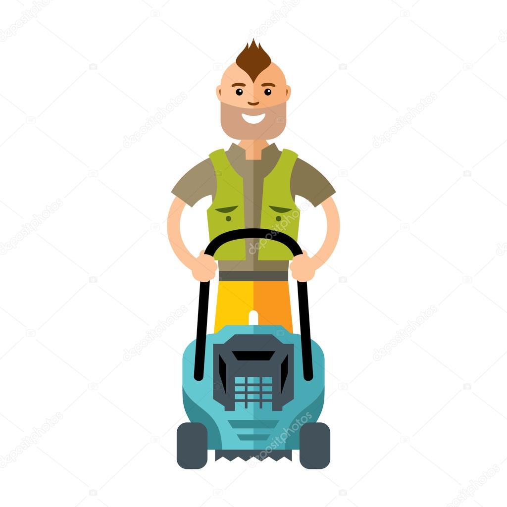 1024x1024 Vector Lawnmower. Man With Lawn Mower. Flat Style Colorful Cartoon