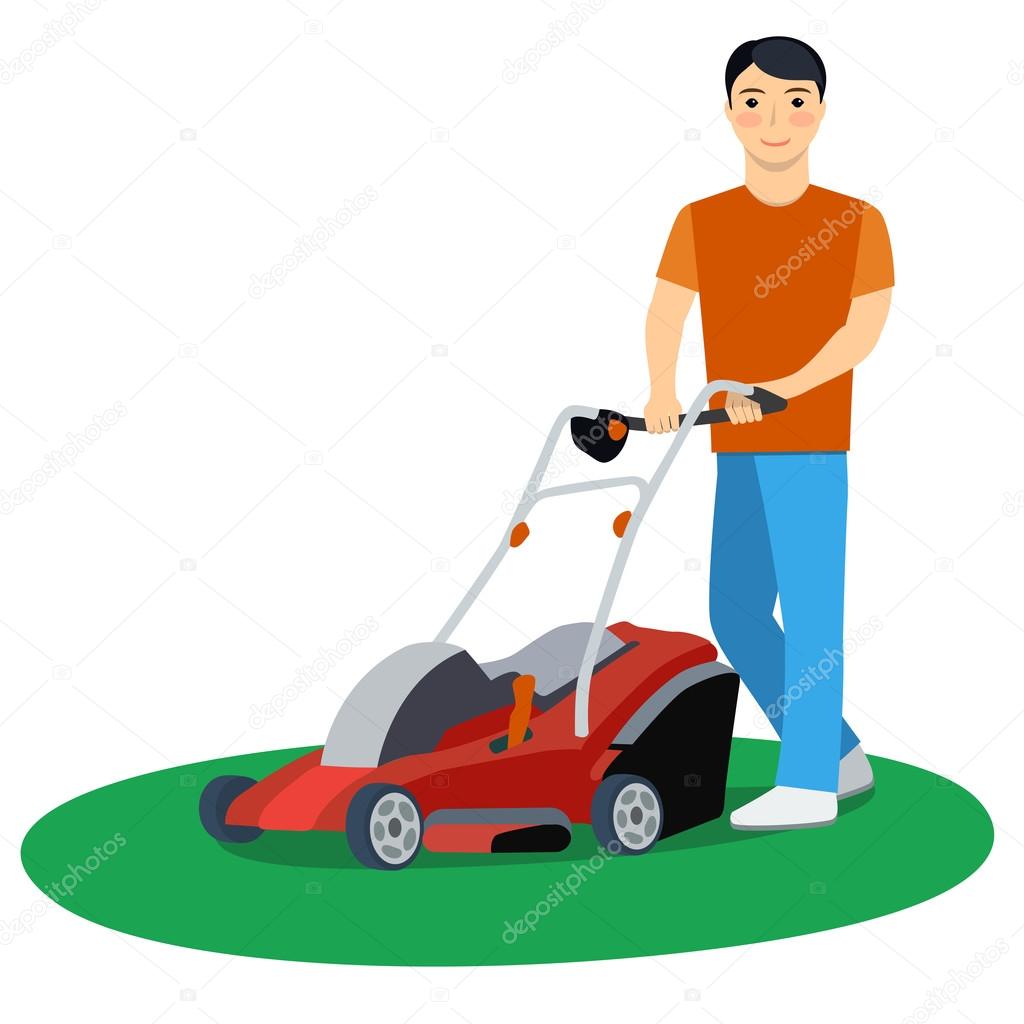 1024x1024 Vector Illustration Of A Man With Lawn Mower Stock Vector