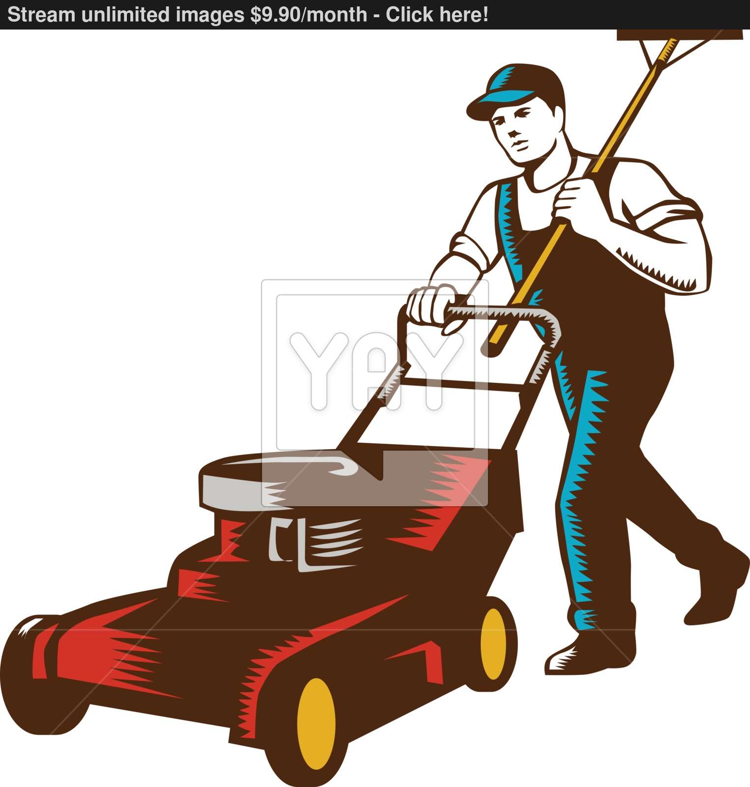 1525x1600 Gardener Lawn Mower Rake Woodcut Vector