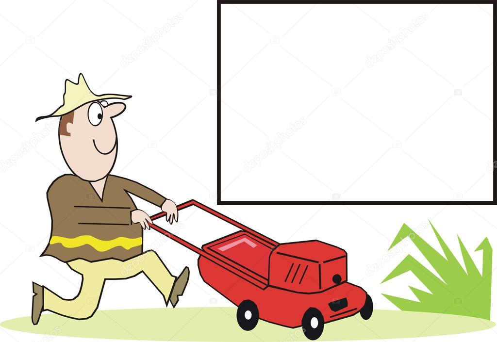 1024x705 Cartoon Of Man Mowing Lawn With Blank Square Stock Vector
