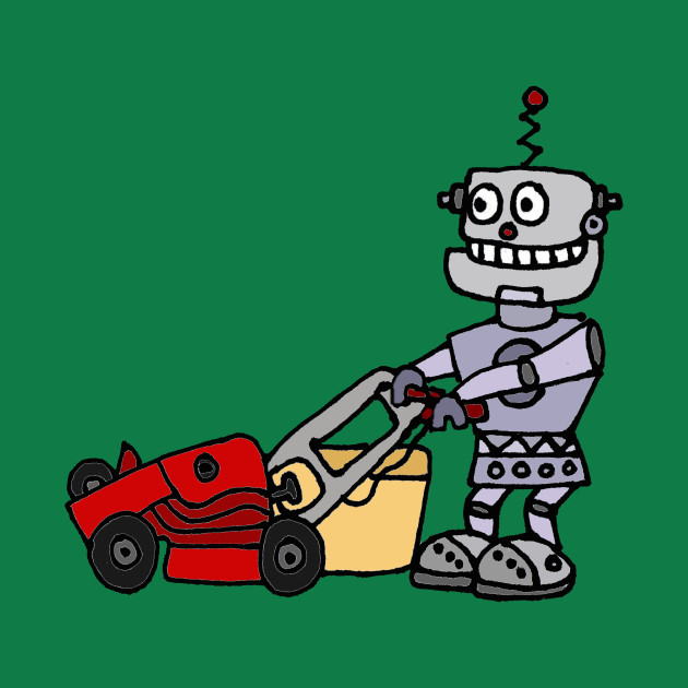630x630 Funny Funky Robot Pushing Red Lawn Mower