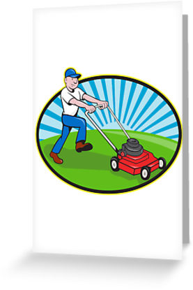 277x415 Lawn Mower Man Gardener Cartoon Greeting Cards By Patrimonio