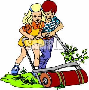 296x300 Free Clipart Image A Boy And Girl Pushing An Old Fashioned Lawn Mower