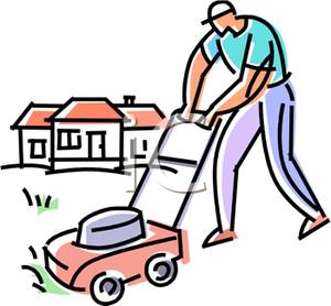 300x278 Muscular Man Mowing The Lawn In Front Of His House Clipart Picture