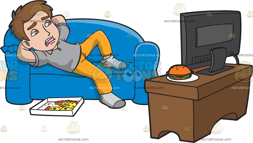 1024x577 A Lazy Man Watching Tv After Eating Pizza Cartoon Clipart