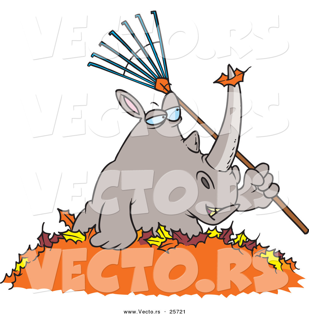 1024x1044 Vector Of A Cartoon Rhino Holding A Rake In A Pile Of Autumn