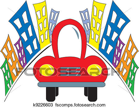 450x352 Clipart Of Red Car Leaving Colorful City K9226603