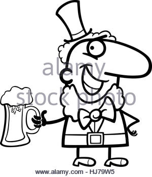 300x350 Black And White Cartoon Illustration Of Leprechaun And Saint